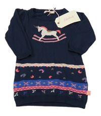 Nové - Tmavomodro-barevné svetrové šaty s jednorožcem 