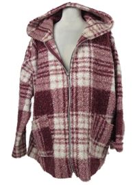 Dámská vínovo-bílá kostkovaná huňatá bunda s kapucí Laura Torelli 