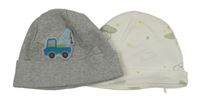 2x bavlněná čepice bílá s ovečkami+ šedá s autem