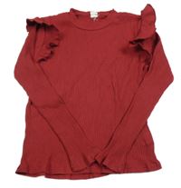 Vínové žebrované triko s volánkem Shein