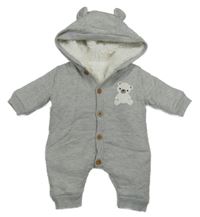 Šedá pletená zateplená kombinéza s medvědem a kapucí Little nutmeg