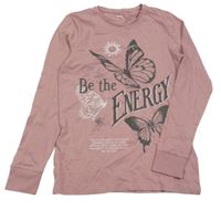 Růžové triko s motýly a nápisy C&A