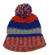 Červeno-modro-šedá čepice s bambulí Tu