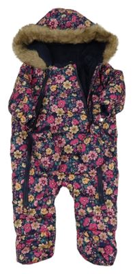 Tmavomodro-růžová květzovaná šusťáková zimní kombinéza s kapucí + rukavice F&F