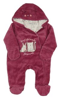 Tmavorůžová sametová zateplená kombinéza s kočkami a kapucí 