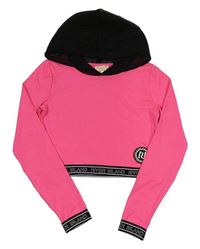 Neonově růžovo-černá crop mikina s nášivkou a kapucí River Island 