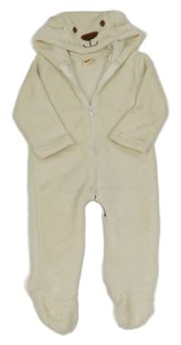 Smetanová plyšová kombinéza s kapucí - medvídek 