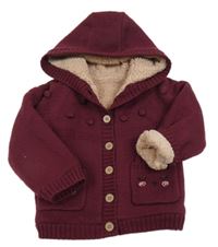Vínový propínací zateplený svetr se zajíčky a kapucí Nutmeg