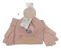 Nové - 2set - Růžová pletená čepice s princeznami + rukavice F&F
