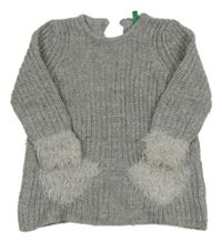 Šedé vlněné svetrové šaty s kožíškem Benetton