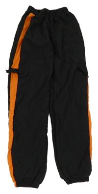 Černo-oranžové šusťákové kalhoty s falešnými kapsami Shein