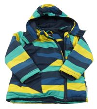 Tmavomodro-zeleno-žlutá pruhovaná šusťáková zimní bunda s kapucí Name it