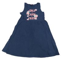 Tmavomodré bavlněné šaty s nápisem a květy Y.F.K.