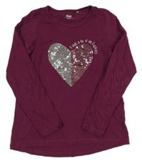 Tmavovínové triko se srdíčkem z překlápěcích flitrů a nápisem YIGGA