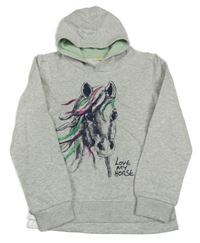 Světlešedá melírovaná mikina s koníkem a nápisem a kapucí Kids