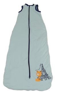 Světlemodro-tmavomodrý zateplený spací pytel s medvídkem a Eiffelovou věží lupilu