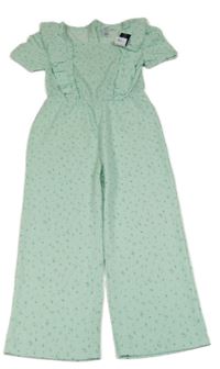 Nové - mátový vzorovaný kalhotový overal s kytičkami a volánky St. Bernard