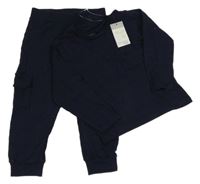 Nové - 2Set - Tmavomodré pruhované/vzorované triko s kapsou + cargo tepláky PRIMARK