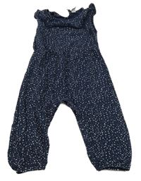 Tmavomodro-bílý skvrnitý melírovaný kalhotový overal s volánky Topomini