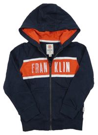 Tmavomodro-červená propínací mikina s logem a pruhy a kapucí FRANKLIN MARSHALL