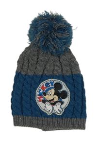 Šedo-petrolejová vzorovaná pletená čepice s Mickey a bambulí Disney