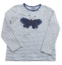 Bílo-modré pruhované triko s motýlem Tchibo