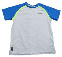 Bílo-modré sportovní funkční tričko s neonově zelenými pruhy a nápisem Decathlon