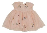 Růžové tylové šaty s výšivkami květů a berušek C&A