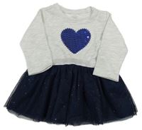 Světlešedo-tmavomodré teplákovo/tylové šaty se srdcem z flitrů Cool Club