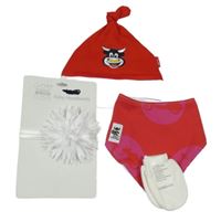 4set - Červená bavlněná čepice s býkem + slinták se skútry + smetanové rukavičky + bílá čelenka s květinou