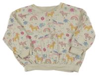 Béžová květovaná oversize mikina s jednorožci a kočkami George