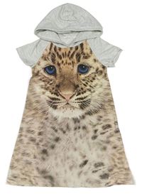 Šedo-béžové teplákové šaty s leopardem a kapucí H&M