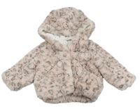 Světlerůžovo-šedý leopardí kožešinový podšitý kabátek s kapucí 