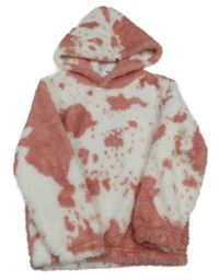 Bílo-růžová flekatá chlupatá mikina s kapucí 