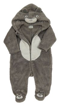 Šedo-bílá chlupatá kombinéza s kapucí - medvěd 
