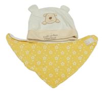 2 set - smetanová sametová čepice s medvědem + slinták s hvězdami 