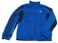 Modrá sportovní funkční propínací mikina s černými pruhy a logem Adidas