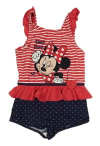 Růžovo-bílo-tmavomodré jednodílné pruhované puntíkaté plavky s Minnie a volánkem Disney