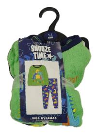 Nové - Zeleno-tmavomodré huňaté pyžamo s diny 