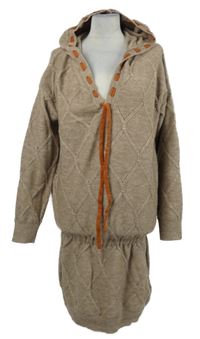 Dámské béžové vzorované svetrové šaty s kapucí 