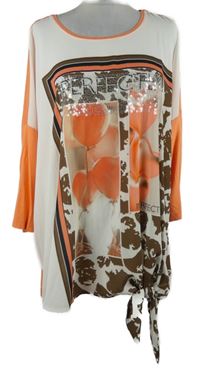 Dámská oranžovo-bílo-hnědá vzorovaná tunika s potiskem a uzlem Samoon