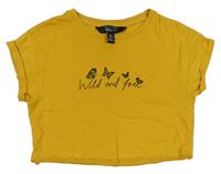 Hořčicové crop tričko s nápisem a motýly New Look
