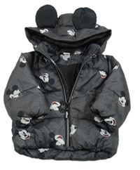 Černo-šedá melírovaná šusťáková zimní bunda s Mickey Mousem a kapucí H&M