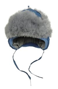 Modro-šedá šusťákovo/kožešinová zateplená čepice
