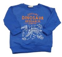 Modrá mikina s nápisem a kostrou dinosaura infinity kids