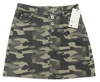 Khaki-hnědá army riflová sukně s knoflíky Denim Co.