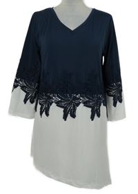 Dámská tmavomodro-bílá halenková tunika s madeirou Bonprix