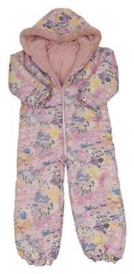 Světlerůžová květovaná šusťáková zimní kombinéza s kapucí Dunnes