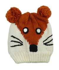  Cihlovo-smetanová čepice s bambulemi - liška 