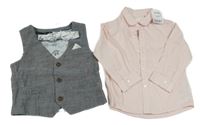 Nové - 3set - Světlerůžová košile + šedá vesta + motýlek Next